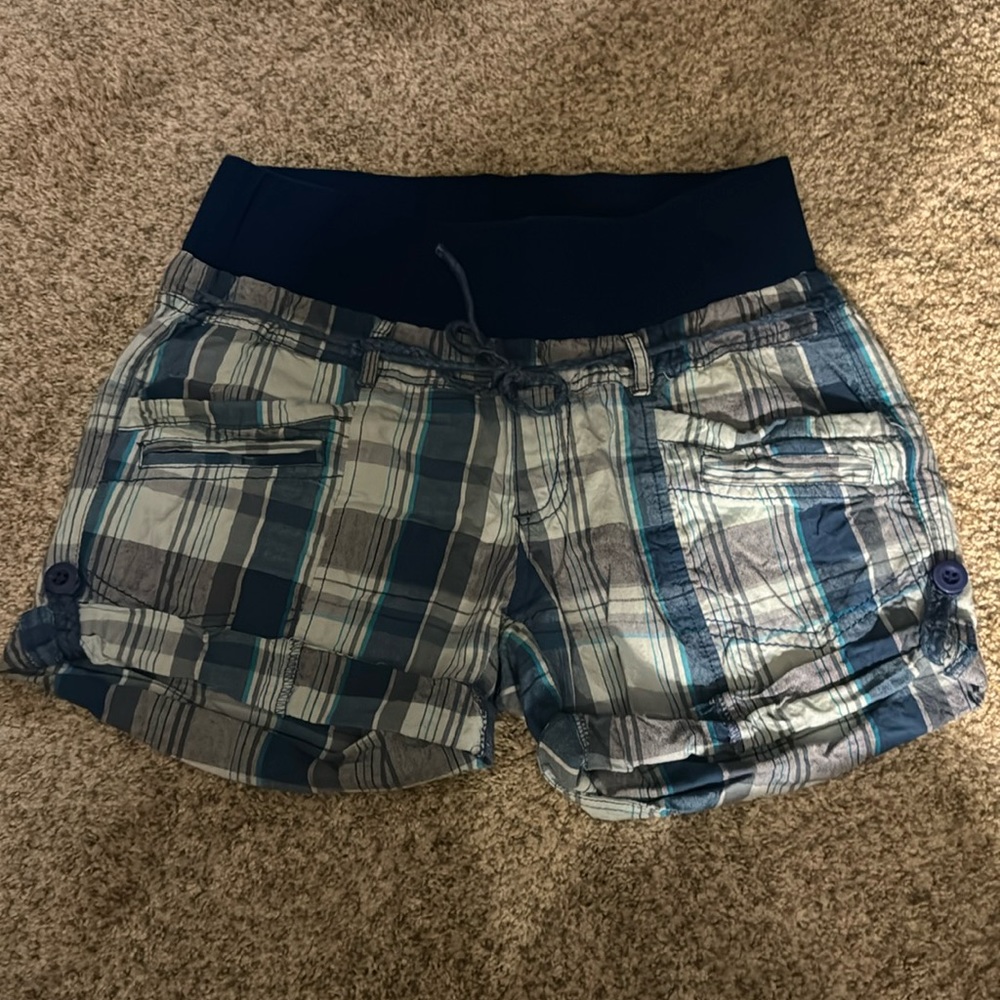 Oh! Mamma Women's Maternity Blue plaid Linen shorts size Small